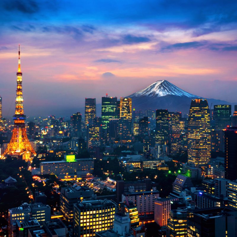 Aerial view of Tokyo cityscape with Fuji mountain in Japan.